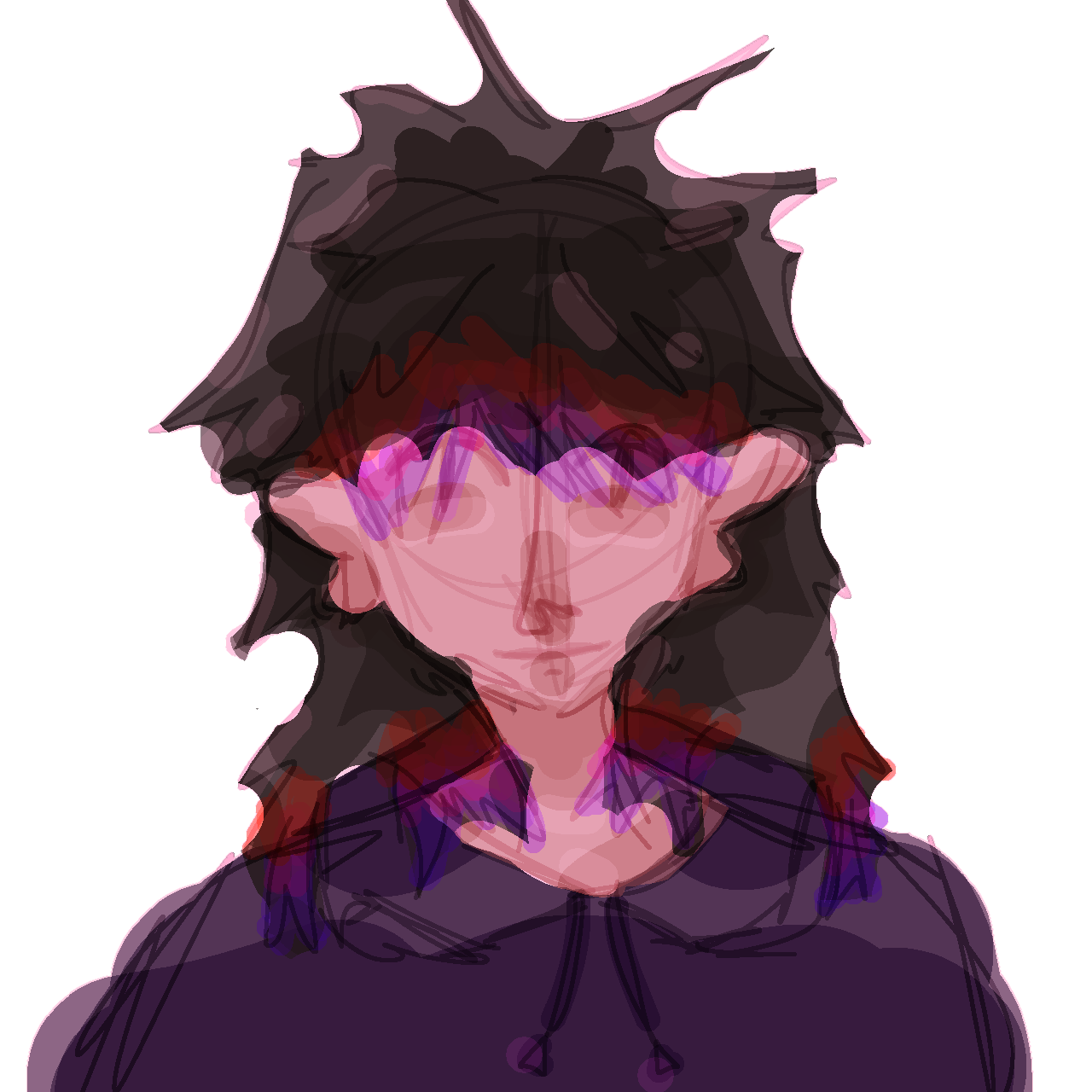 doodle of a girl with long dark hair, dyed purple, pink, and orange at the ends. She is wearing a dark colored hoodie.