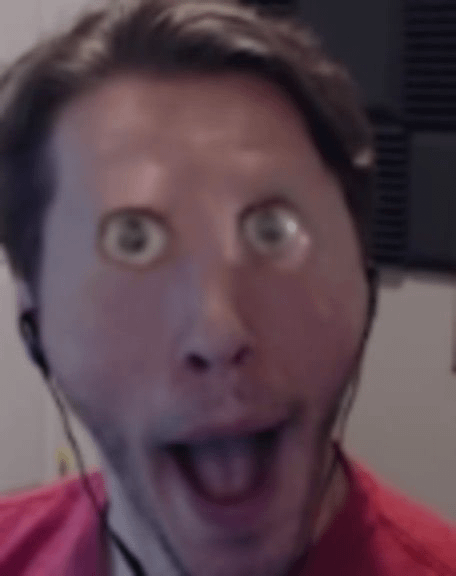 an image of the twitch streamer Jerma985 with the area surrounding his eyes edited to make him appear to have no eyebrows or eyelids